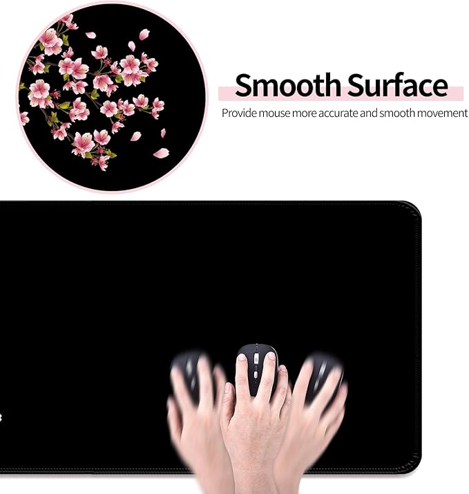 Japanese Cherry Blossom Gaming Desk Mat, Computer Keyboard Large Extended Flowers Mouse Pad for Office and Home, 31.5×11.8 Inches, XL, Black