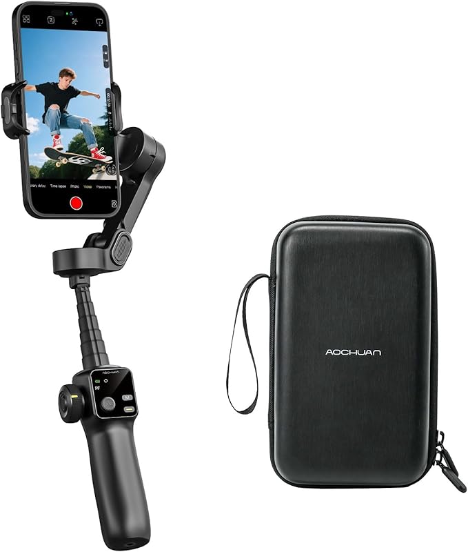 AOCHUAN Smart V8 3-Axis Gimbal Stabilizer for iPhone, Smartphone Gimbal w/7.8" Extension Rod, OLED Display, Phone Stabilizer w/Face Tracking, Portable Hard Case for Camera, EVA Bag V8& B30