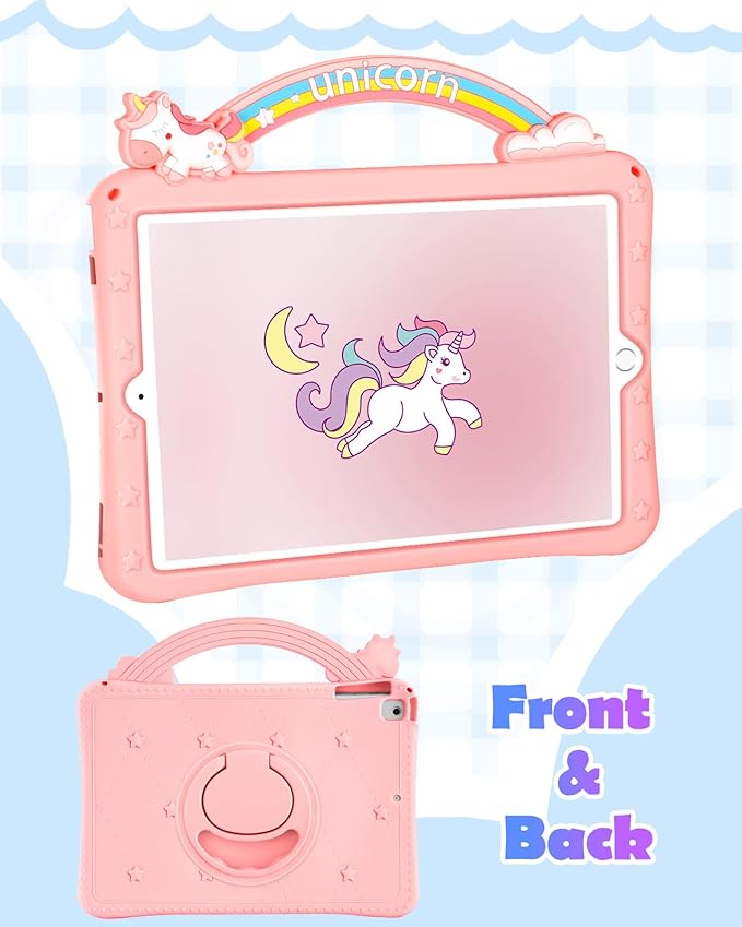 Wazzasoft iPad Case for 6th/5th Generation (2018/2017), Air 1st/2nd Gen, Pro 9.7 (2016) - Girls Girly Cute Cartoon Kawaii Design Silicone Cover With Rotating Stand & Strap