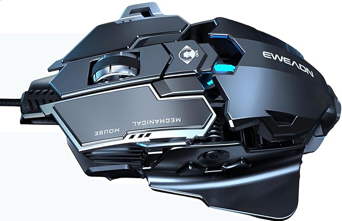 Professional Gaming Mouse, 12800 DPI Optical Sensor, RGB Lighting, Aluminum Chassis, Metallic Black, Macro Programming, Retractable Wing