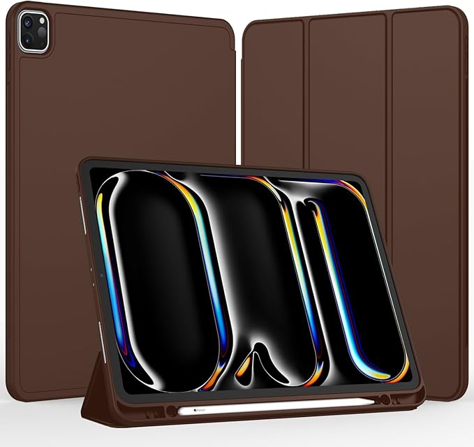 iMieet Case for iPad Pro 11 Inch (M5) 2025 /(M4) 2024 5th Gen, Trifold Stand Smart Cover with Pencil Holder and Soft TPU Back, Auto Wake/Sleep (Chocolate)