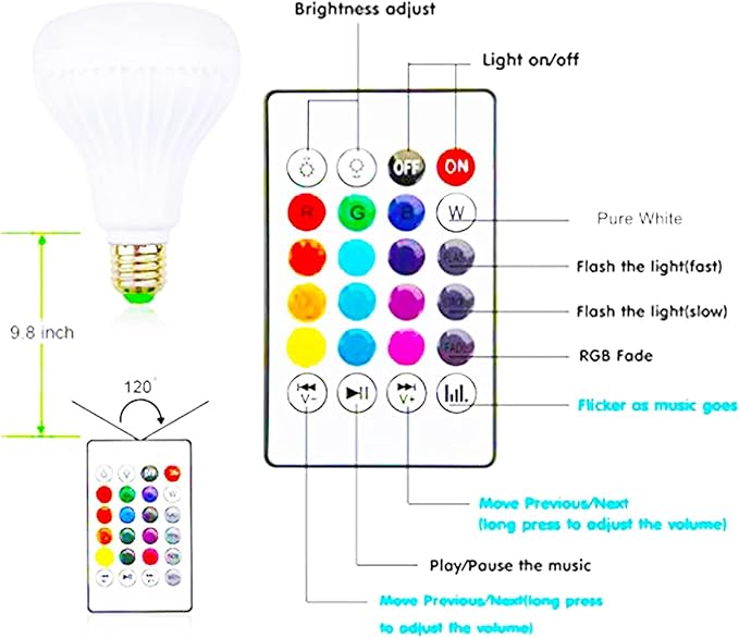 LED RGB Bulb Light Smart Bluetooth Music Speaker Changing Color Lamp Shower Head with Remote for Living Room Bathroom