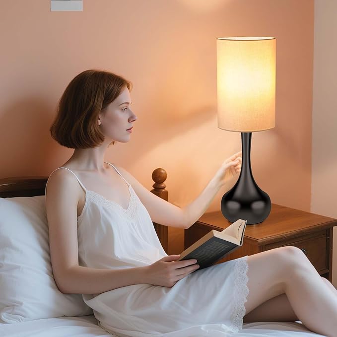 Mid Century Modern Droplet Table Lamp,Touch Control & 3-Way Dimmable,No Assembly Required Cylinder Shade,Black Vintage Farmhouse Bedside Lamp for Bedroom,Nightstand,Living Room,Office