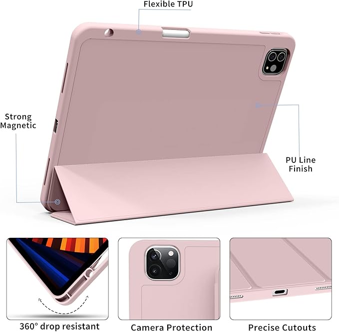 kenke Case for iPad Pro 11 Inch 4th/3rd/2nd Generation (2022/2021/2020) with Pencil Holder, Slim Trifold Smart Cover with Soft TPU Back, Support 2nd Gen Pencil Charging, Auto Sleep/Wake, Pink