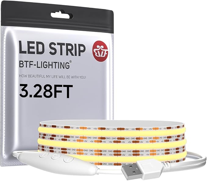 BTF-LIGHTING FCOB COB FOB LED Strip Lights 5V USB Powered 3.28FT 320LEDs Warm White 2700K 8mm Width Dimmable CRI 90+ with 3M Tape Flexible High Density for 3D Printer TV Backlight PC DIY Decor