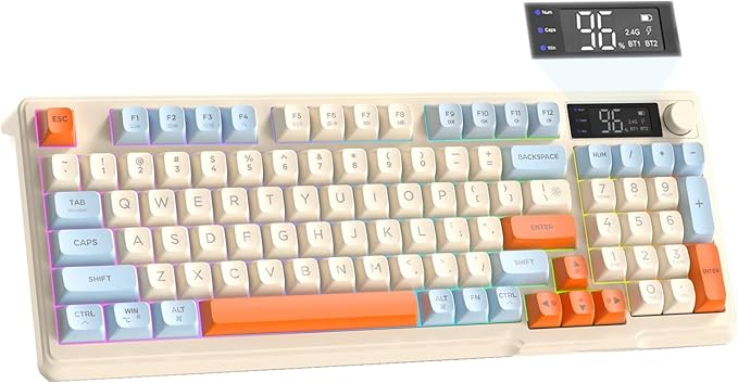 ZIYOU LANG M96 Wireless Gaming Silent Membrane Keyboard,Display Screen & Knob with Multimedia Keys Dual Mode Bluetooth/2.4Ghz,Rainbow Backlight 94Keys Ball Shape PBT Keycap ANSI Layout for Win/Mac