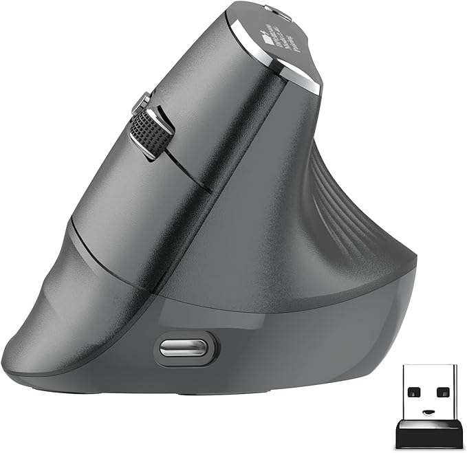 Eelexa New Dual Mode Ergonomic Mouse, Rechargeable Bluetooth Vertical Ergo Mouse Wireless 5 Adjustable DPI, Silent 2.4GHz Optical Carpal Tunnel Mouse for Compatible with Laptop, PC(Right Hand)
