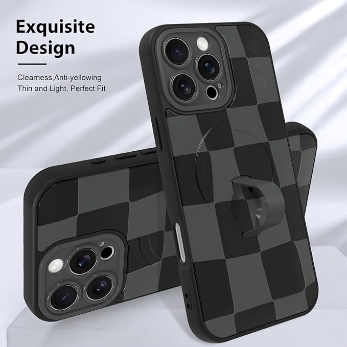 KANGHAR Compatible with iPhone 16 Pro Max Case, Support for MagSafe, Silicone Checkered Cute Pattern, Wristband Kickstand Camera Protection Soft Slim Cover for Girls Women -Black