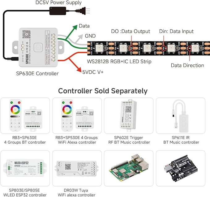 BTF-LIGHTING WS2812B IC RGB LED Strip,UL Listed,Pure Gold Wires,DC5V 16.4FT 150LED 5050SMD,Individually Addressable,Flexible for DIY Chasing Full Color Project,IP67(No Adapter or Controller)