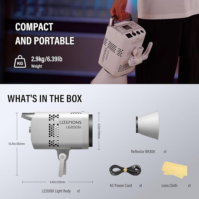 Godox Litemons LE200Bi 220W Bi Color COB LED Video Light, Professional Bowens Mount Studio Continuous Light CRI/TLCI 98+ 57700 Lux@1m APP DMX Control Ultra Quiet for Video Recording