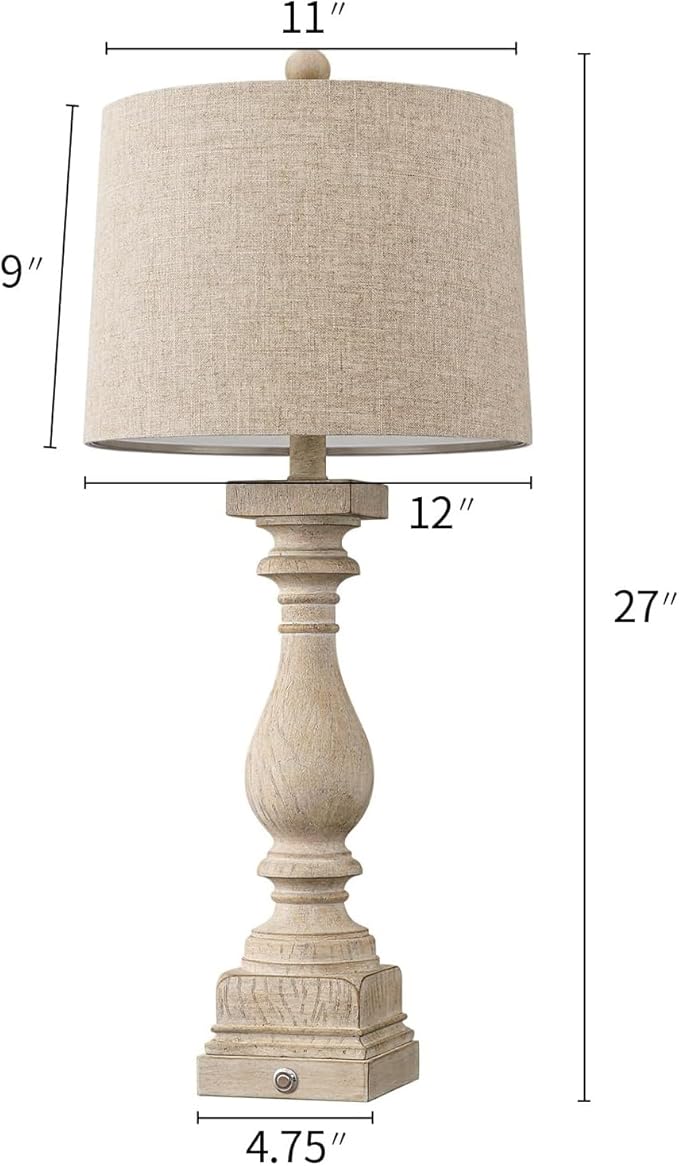 BOBOMOMO 27" Table Lamp with USB C+A Charging Ports Set of 2 Antique Nightstand Lamp for Bedroom Living Room Farmhouse Office Retro Rustic Resin Bedside Desk Lamps Washed White (Blubs not Included)
