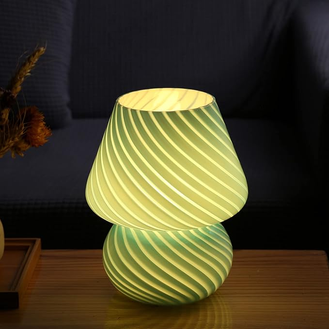 Mushroom Lamp,Glass Arctic Blue Mushroom Bedside Table Lamps Vintage Translucent Murano Style Striped Small Nightstand Desklamp Swirl Light for Home Decor, Dining, Living, Bedroom, Gift (Stripe Blue)