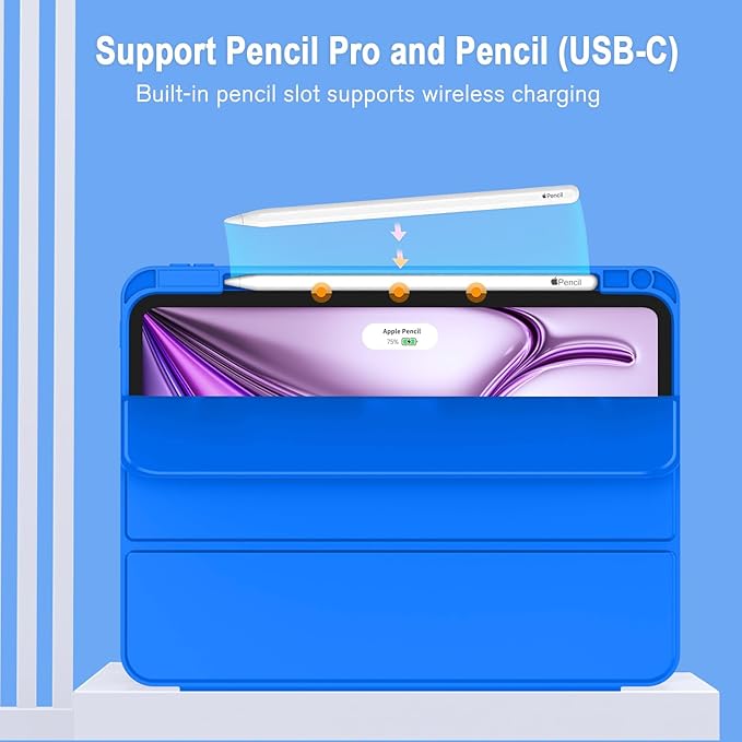 ZryXal New iPad Air 13 Inch Case M3 2025/M2 2024 with Pencil Holder, Trifold Stand Smart Case with Soft TPU Back,Auto Wake/Sleep(Medium Blue)