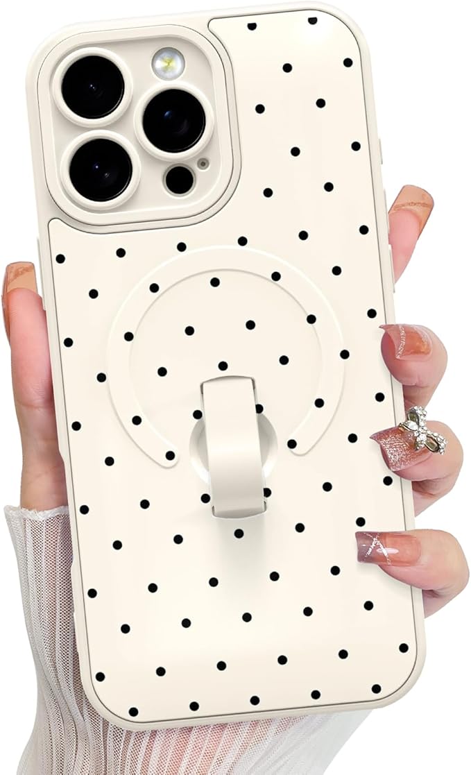 KANGHAR Compatible with iPhone 16 Pro Case, Support for MagSafe, Silicone Spot Cute Pattern, Wristband Kickstand Camera Protection Soft Slim Cover for Girls Women -White