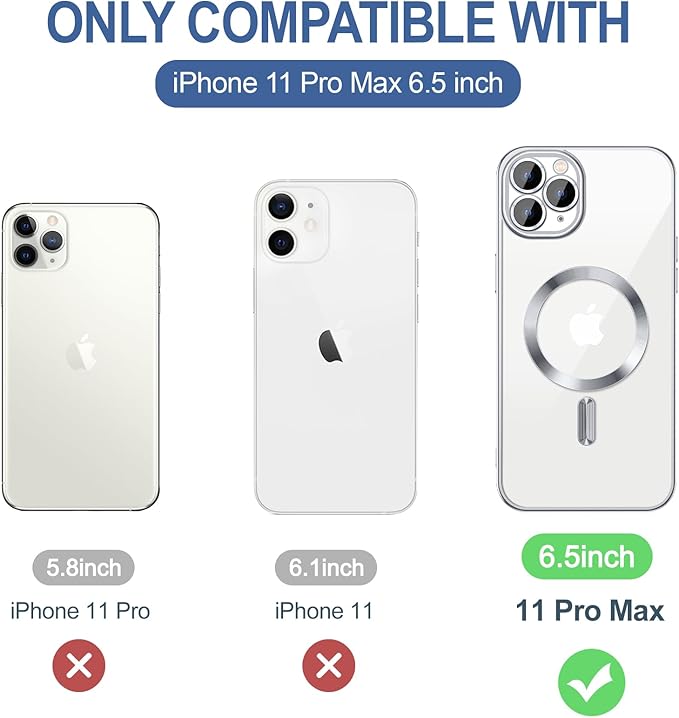 Hython Magnetic Clear for iPhone 11 Pro Max Case with Camera Lens Protector [Compatible with MagSafe] Plating Edge Slim Soft TPU Cover Protective Phone Case for iPhone 11 Pro Max 6.5", Silver