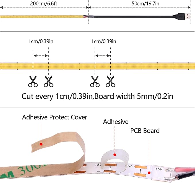 GOMING 5V COB USB LED Strip Light Natural White 4000K 5mm Width USB Powered 13.12ft/4M 400LEDs/M Flexible High Brightness IP20 Not Waterproof LED Tape Lights for DIY Decoration Lighting(2pcs x 6.6ft)