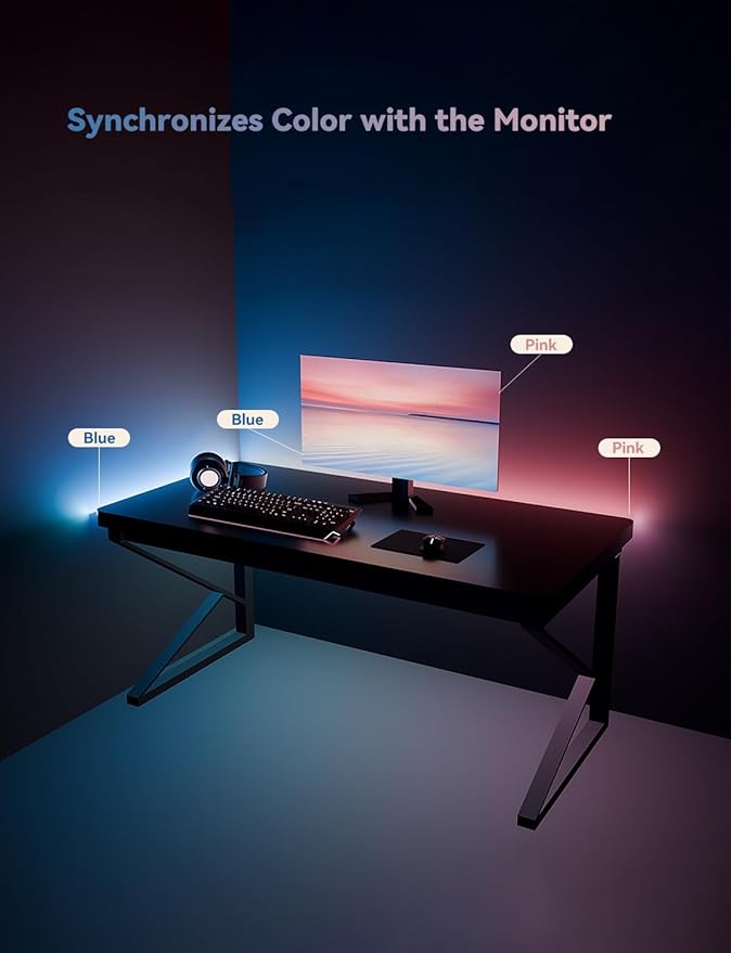 RGB Backlight LED Strip Light for PC & Mac, Sync with Screen Color or Music, Stick to the Edge of Your Desk, for Desk Gaming, USB Port, Software Control, 3.94ft / 1.2m