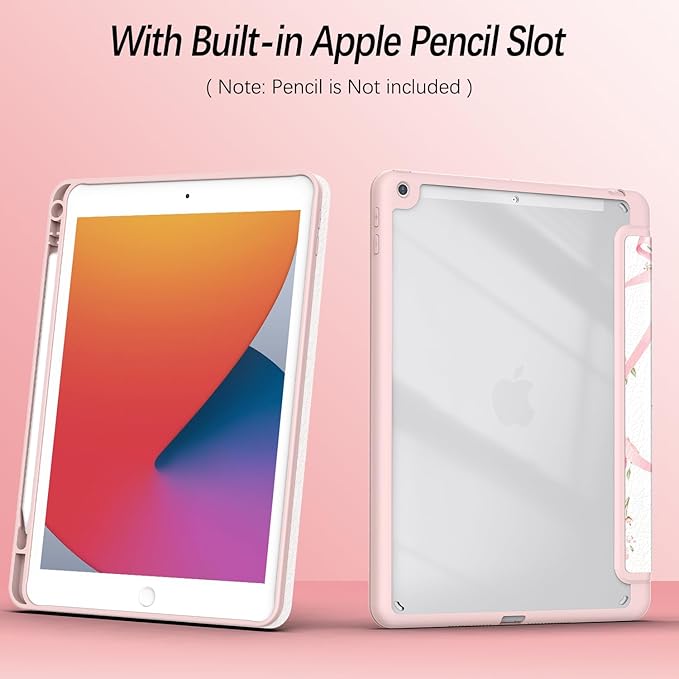 Case for iPad 9th / 8th / 7th Generation (2021/2020/2019) 10.2 inch, Case with Pencil Holder, Stand Clear Back Cover Cute Cool Design for Women Girls, Auto Sleep/Wake, Bow Tulip