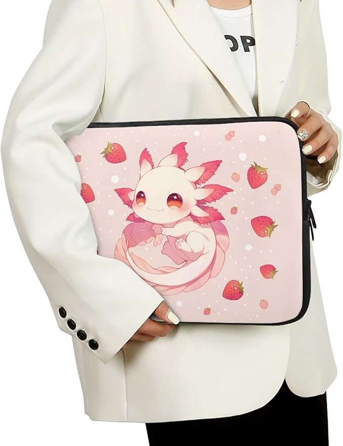 Cute Axolotl Laptop Sleeve Women Strawberry Lap Top Case for Teen Girls 10inch Computer Sleeve Slim Laptop Protector with Multiple Uses Laptop Carrying Case Pink Briefcase