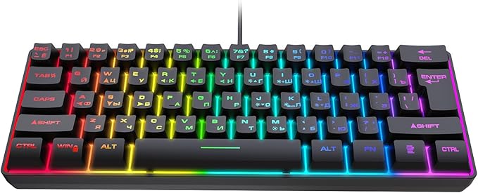 PUSOKEI 60% Mechanical Gaming Keyboard, 61 Keys Mini USB Wired Keyboard with RGB Backlit, Hot Swappable, Full Keys No Conflict, Russian English Dual Language for PC (Black)