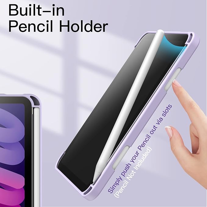 JETech Case for iPad mini (A17 Pro, 2024 Model, 7th Generation) / mini 6 (2021 Model, 6th Generation) with Pencil Holder, Clear Back Shell Slim Stand Tablet Cover, Auto Wake/Sleep (Purple)