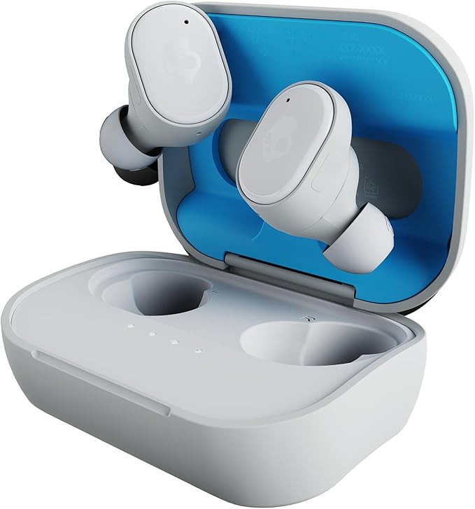 Skullcandy Grind Wireless Earbuds, Bluetooth Headphones, Up to 40 Hours Battery, Noise Isolating Fit, Microphone for iPhone Android, Customizable via Skull-iQ App - Light Grey/Blue