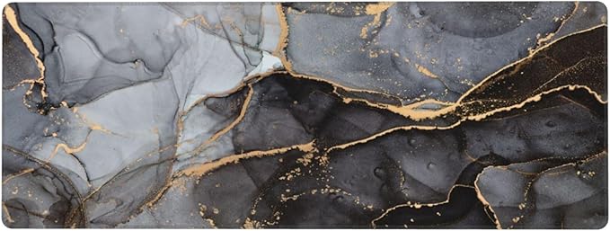 Grey Black Gold Marble Print Large Mouse Pad with Stitched Edges Long Non-Slip Rubber Base Mousepad Laptop Keyboard Mat Desk Pad for Office Home Desk Decor, 31.5" X 11.8"