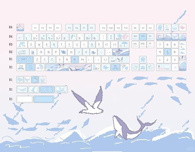 Blue White PBT Keycaps-Ocean Theme Keycaps 60 75 100 Percent, Cute Key caps Custom 118 Keys, Cherry Profile for 61/68/84/87/98/100 Cherry Gateron MX Mechanical Gaming Keyboards