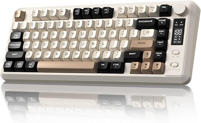 FREEWOLF M75 Wireless Gaming Keyboard Mechanical Feel Membrane with Knob & OLED Display Bluetooth/2.4Ghz Rainbow Backlit Gradient PBT Keycaps 2000mAH Battery Anti-Ghosting-Cheese