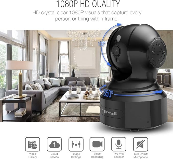 TETHYS Wireless Security Camera 1080P Indoor [Work with Alexa] Pan/Tilt WiFi Smart IP Camera Dome Surveillance System w/Night Vision,Motion Detection,2-Way Audio,Cloud for Home,Business, Baby Monitor