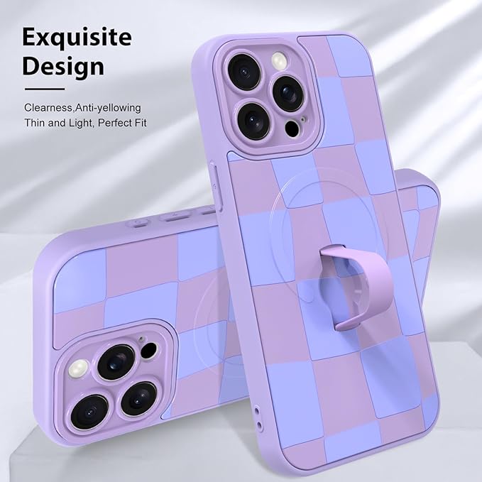 KANGHAR Compatible with iPhone 15 Pro Case, Support for MagSafe, Silicone Checkered Cute Pattern, Wristband Kickstand Camera Protection Soft Slim Cover for Girls Women -Purple