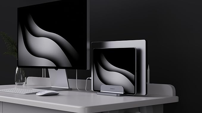JOKItech Dual Aluminum Vertical Laptop Stand Organizer, Sturdy Notebook Computer Holder Stand Compatible with New Liquid Retina XDR Apple MacBook Air/Pro/Neo, Mac mini, Apple TV & iPad Pro - Spacegray