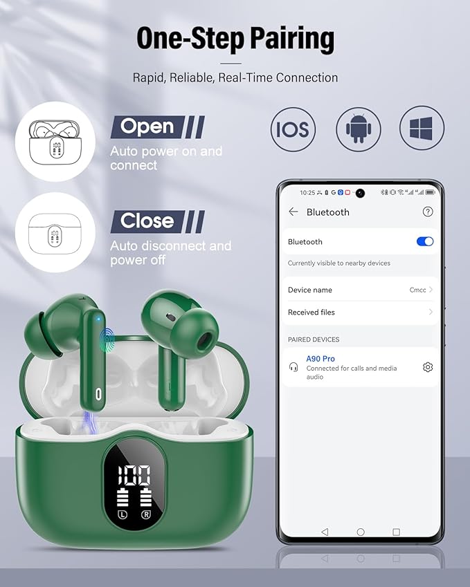 Wireless Earbuds, Bluetooth 5.4 Headphones Bass Stereo, Ear Buds with Noise Cancelling Mic, LED Display in Ear Earphones Clear Calls, IP7 Waterproof Bluetooth Earbuds for Laptop/Phones/Sports, Green