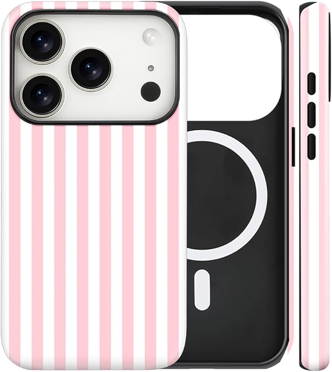 Magnetic for iPhone 17 Pro Case Cute Stripes Phone Case, Shockproof Slim TPU and Hard PC Protective Phone Cover Compatible with MagSafe Designed for Women Girls, Pink and White