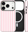 Magnetic for iPhone 17 Pro Max Case Cute Stripes Phone Case, Shockproof Slim TPU and Hard PC Protective Phone Cover Compatible with MagSafe Designed for Women Girls, Pink and White