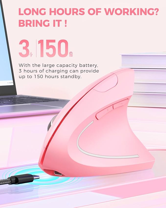 Lekvey Ergonomic Mouse, Vertical Wireless Mouse, Rechargeable 2.4 GHz USB Optical Carpal Tunnel Mice : 800/1200 / 1600 DPI, 6 Buttons, for Laptop, PC, Mac, Computer, Desktop, Notebook etc, Pink
