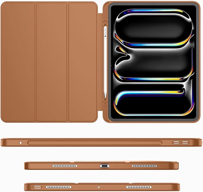 iMieet Case for iPad Pro 11 Inch (M5) 2025 /(M4) 2024 5th Gen, Trifold Stand Smart Cover with Pencil Holder and Soft TPU Back, Auto Wake/Sleep (Brown)