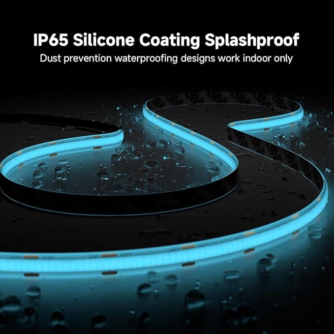 BTF-LIGHTING FCOB IP65 Waterproof Ice Blue Color COB LED Strip 16.4FT DC24V 480LED/m 8mm Width Flexible High Density CRI 90+ Dimmable LED Light for Home Indoor Decor(No Controller or Adapter)