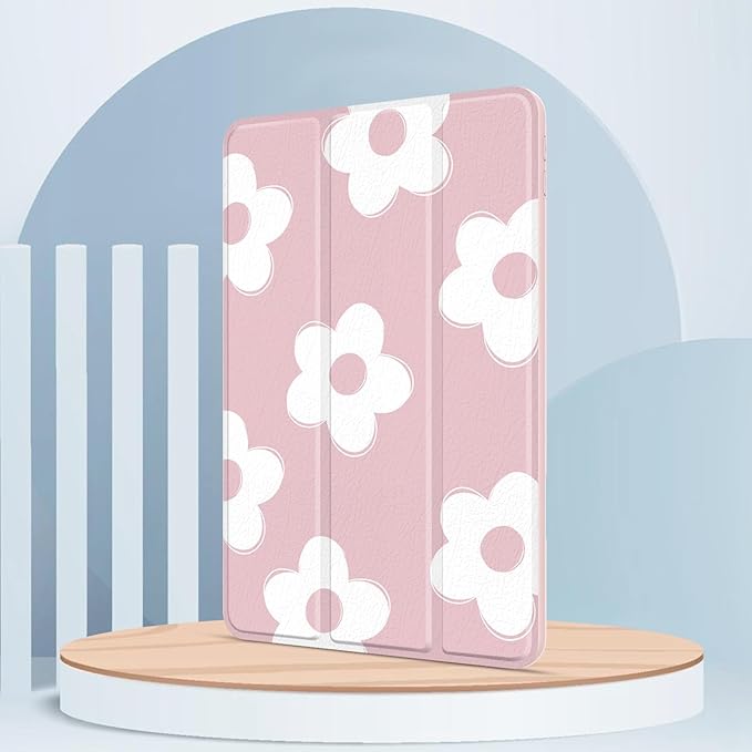 Case for iPad 9th / 8th / 7th Generation (2021/2020/2019) 10.2 inch, Case with Pencil Holder, Stand Clear Back Cover Cute Cool Design for Women Girls, Auto Sleep/Wake, Pink White Flower