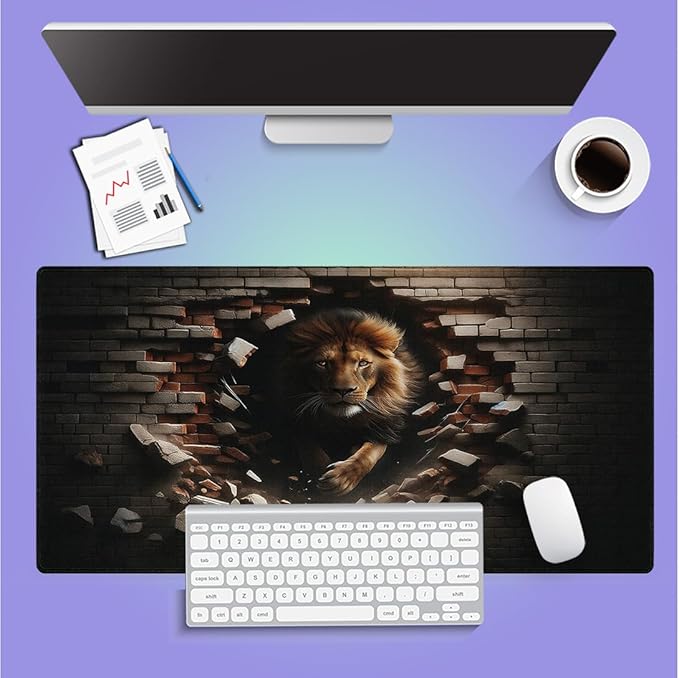 Large Gaming Mouse Pad (31.5" x 15.8") - Lion Modern Illustration of King of The Jungle Emerging from Brick Wall, Extra XXL Extended Office Accessories, Premium Stitched Anti-Slip Desk Mat