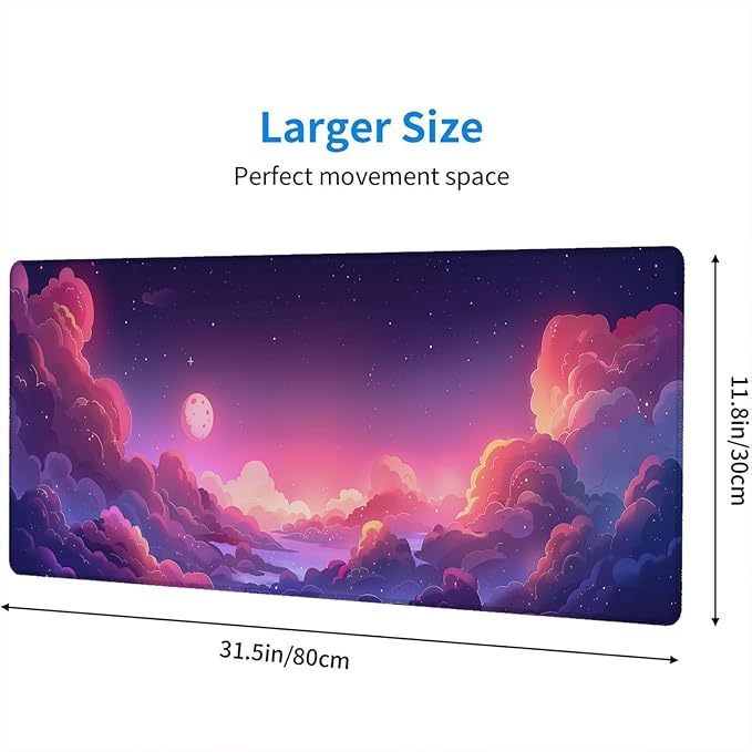 Kawaii Clouds Desk Pad Mouse Pad Anime Cute Pink Purple Large Gaming Mouse Mat with Stitched Edges,Non-Slip Waterproof Rubber Base Mous Mat 31.5"x11.8" Office Computer Keyboard Laptop Home