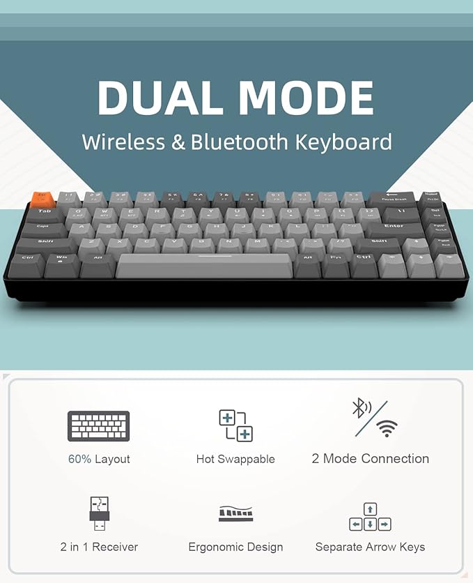 ZIYOU LANG RK68 60% Wireless Mechanical Keyboard,Bluetooth 5.0/2.4Ghz Dual Mode Receiver,Hot-Swappable Mini 68-Key,Retro Color Keycaps,Linear Red Switch,Ultra Power Saving for PC PS4 Xbox iPhone ipad