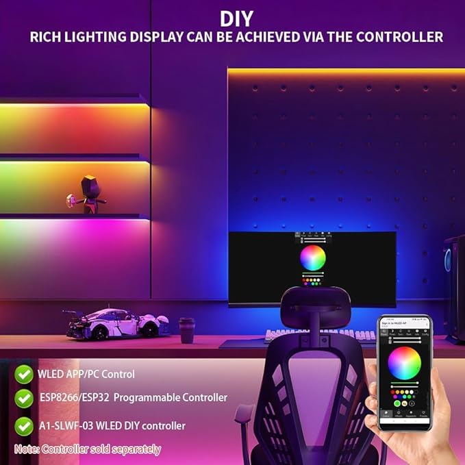 WS2812B IC RGB 5050SMD ECO Individual Addressable LED Strip Light, 16.4FT 300LED 60LED/m Flexible Full Color IP30 DC5V Black PCB for DIY Project (No Power Adapter or Controller)