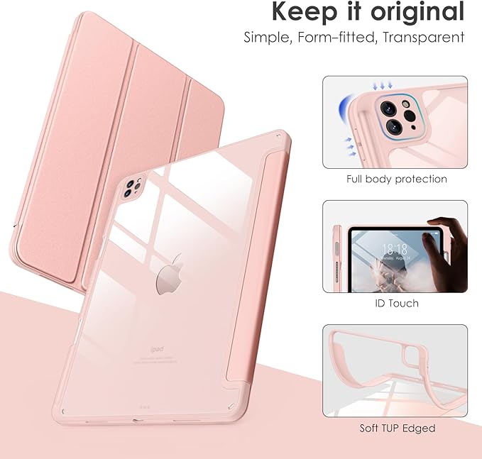 VIKESI for iPad Pro 11 Inch 4th/3rd/2nd/1st Generation Case, iPad Air 11-inch / 5th / 4th Generation Case with Clear Back,Pencil Holder,Auto Sleep/Wake,Camera Protection,Rose Gold