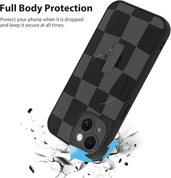 KANGHAR Compatible with iPhone 15 Case, Support for MagSafe, Silicone Checkered Cute Pattern, Wristband Kickstand Camera Protection Soft Slim Cover for Girls Women -Black