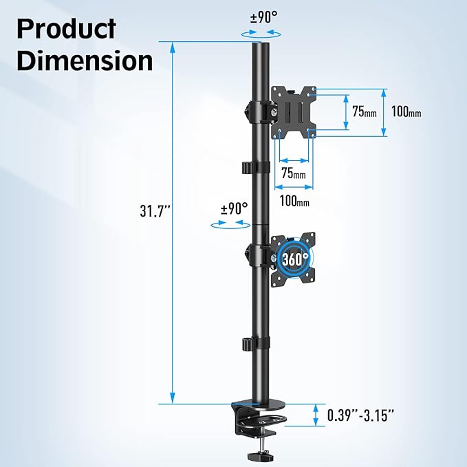 MOUNTUP Dual Monitor Stand, Vertical Monitor Mount for 2 Max 32 inch Stack Screen Monitors, Height Adjustable, Swivel, Tilt Monitor Desk Mount with C Clamp Grommet Base, Home Office