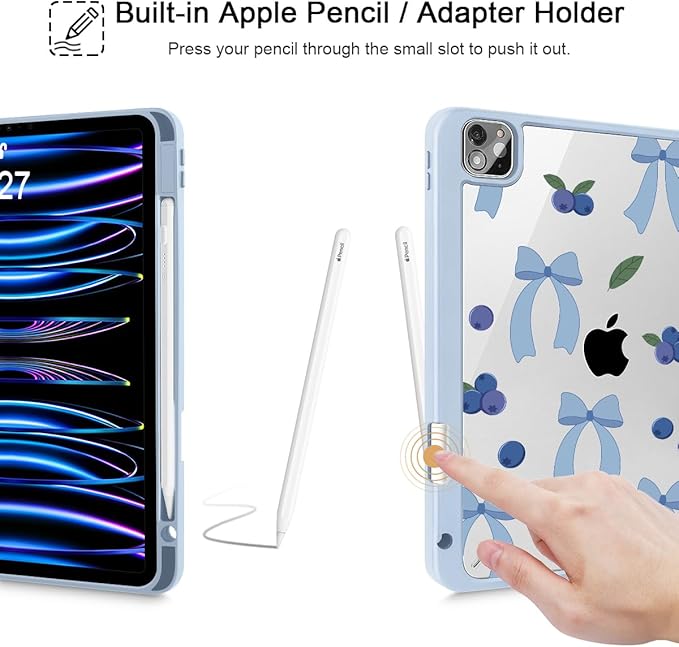 Tuiklol for iPad Pro 11 Inch 4th / 3rd / 2nd / 1st Gen (2022 2021 2020 2018) Case -Built-in Pencil Holder Shockproof Cover Clear Transparent Back Shell with Auto Wake/Sleep, Blue-Berries