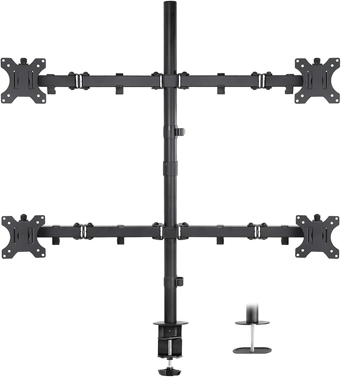 Mount-It! 4 Monitor Stand for Desk | Quad Monitor Desk Mount with Height Adjustable Pole | Fits Four 13–32 Inch Screens, VESA 75x75 & 100x100, Tilt Swivel Rotate, Clamp or Grommet Base