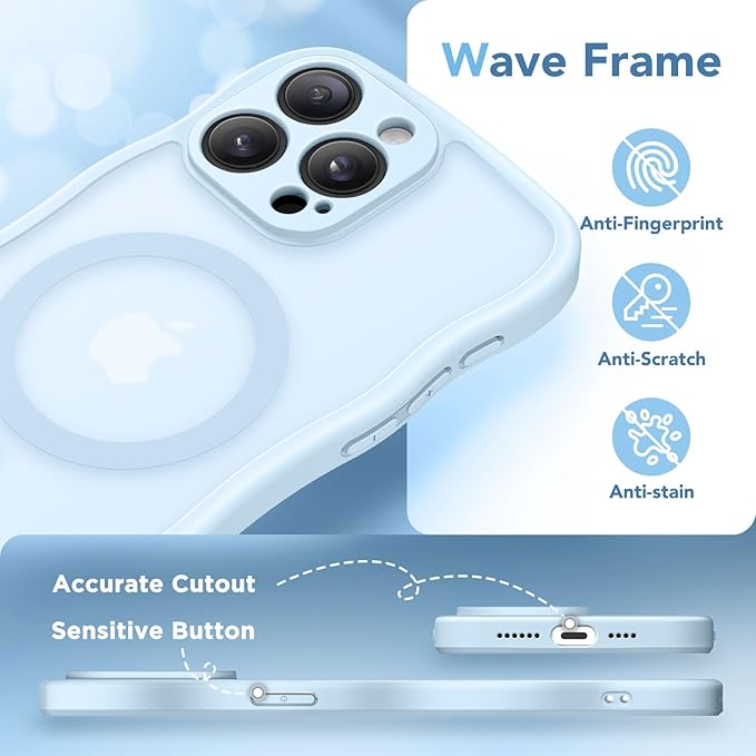 CAPRARO Cute for iPhone 14 Pro Max Case, Compatible with MagSafe, [Curly Wave Edge] [Full Camera Protection] [14 FT Drop Protection] Magnetic Phone Case for 14 Pro Max 6.7 Inch, Light Blue