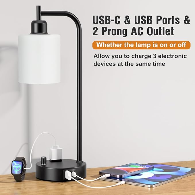 Industrial Bedroom Lamps for Nightstand Set of 2 - Fully Dimmable Bedside Lamps with USB A C Ports and Outlet, Black Table Lamps with Opal Glass Shade for Living Room, Desk Lamps for Office Reading